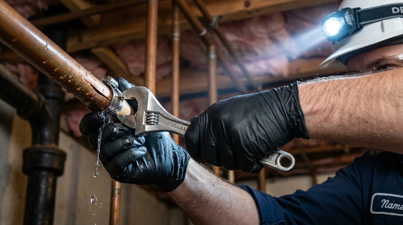 Emergency pipe clamp repair being performed by a Johns Plumbing LLC plumber in Hidalgo