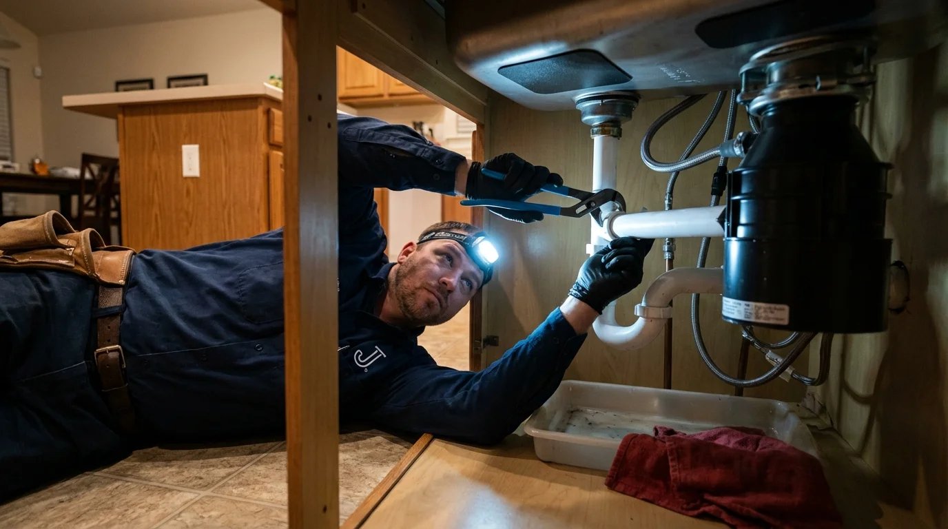 P-trap and supply line connections under a kitchen sink showing a common leak point in Hidalgo, TX